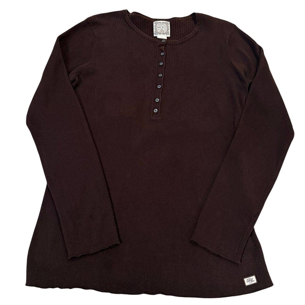 Polo Jeans Ralph Lauren Womens L Brown Ribbed Henley Long Sleeve Shirt Cotton